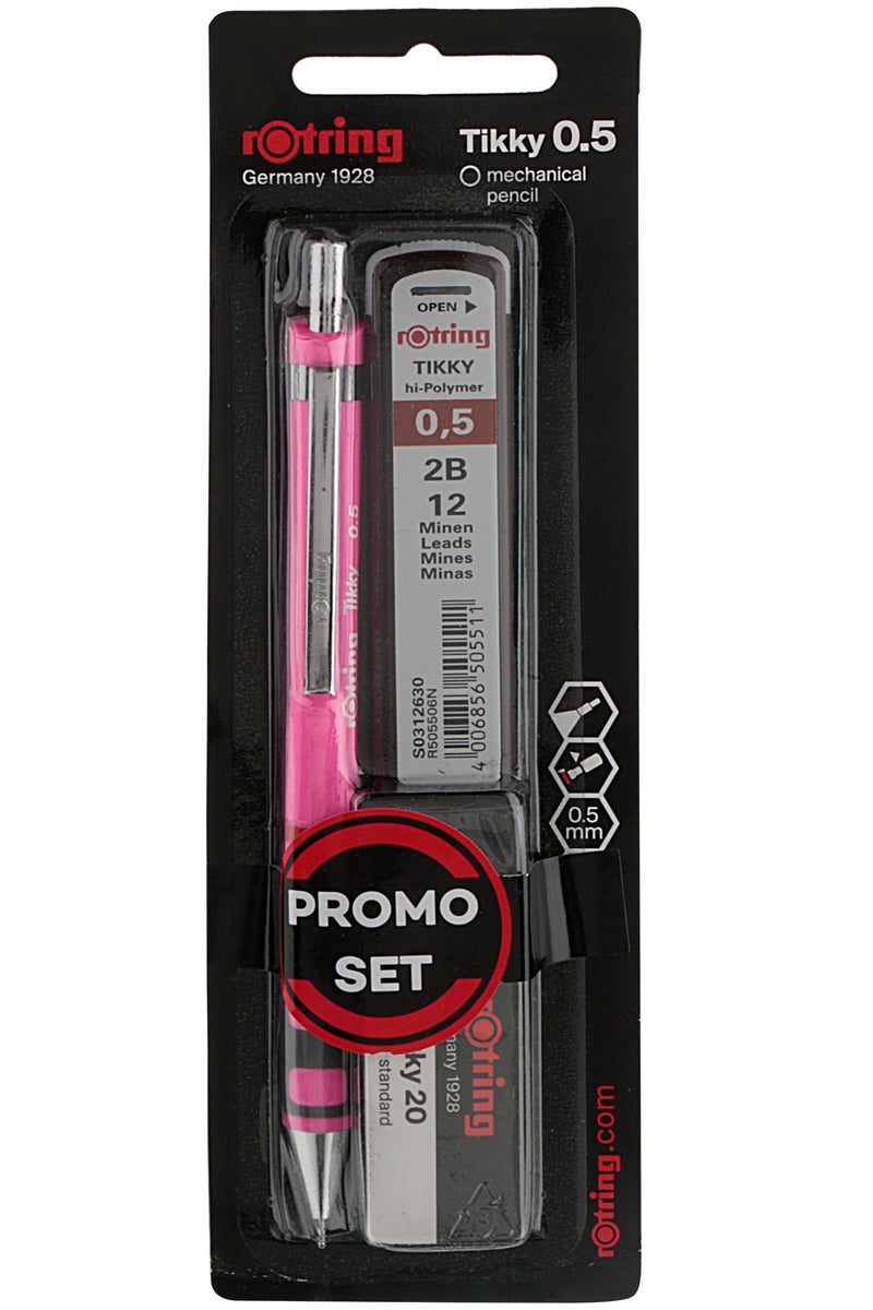 Rotring Rotring Pink Mechanical Tikky Pencil 0.5mm With Metal Cap, Nozzle & Clip And An Induilt Eraser For Writing & Drawing With 2B 12 Lead & Eraser -2025545  - Image 2