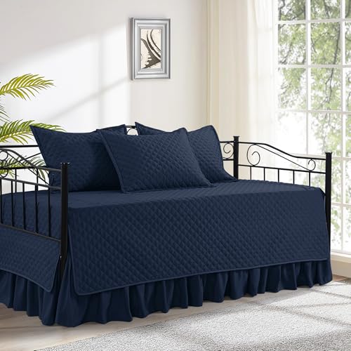 HOMBYS Daybed Cover Sets- Diamond Stitching Daybed Bedding Set, All Season Cozy Bedding with Bedskirt with Shams, Microfiber Filling, 5 Pieces, Navy Blue - Image 1