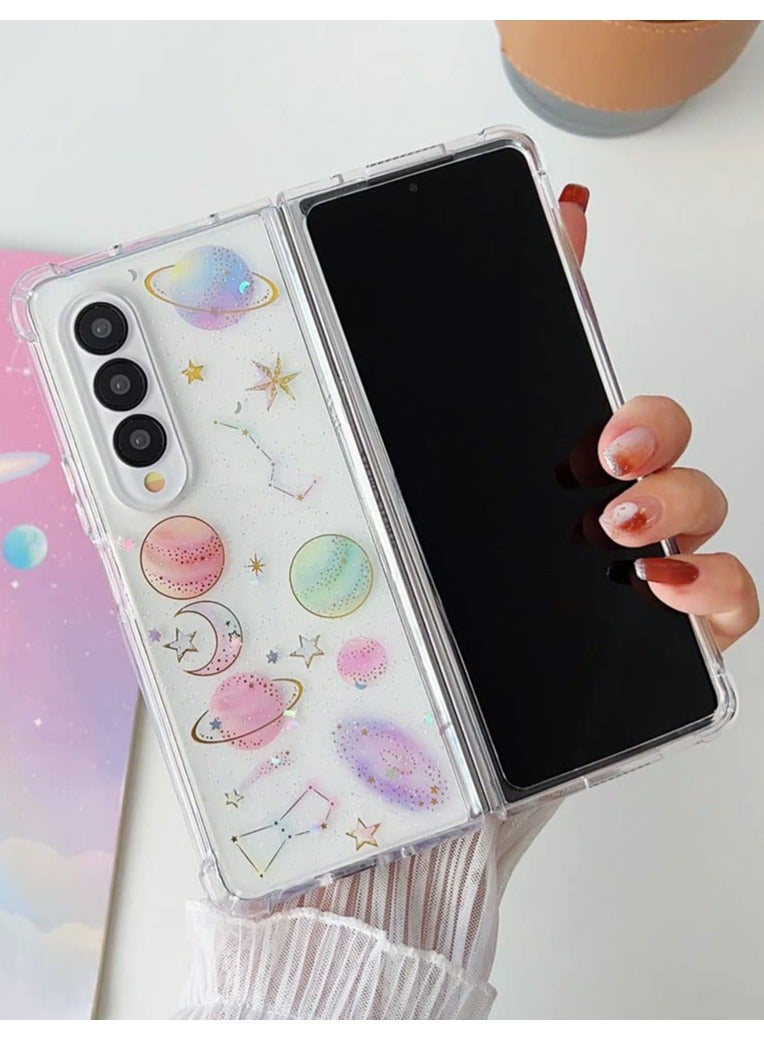Excefore For Samsung Z Fold 5 5G Case Space Theme Clear with Design Bling Glitter Sparkly Stars and Moon Planet Durable Shockproof Transparent Universe Phone Protective Cover Women Girls Z5 Fold - Image 5
