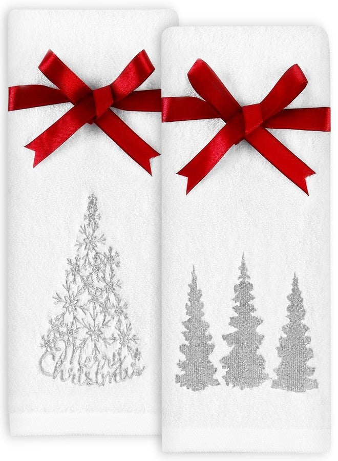 Quera 2 Pack Christmas Hand Towels, Winter Silver Woodland Trees Embroidery - Rustic Cabin Decor Bathroom Decorative Dish Towels Set for Drying, Cleaning, Cooking, Holiday Towels Gift Set 13.7'' x 29.5'' - Image 1