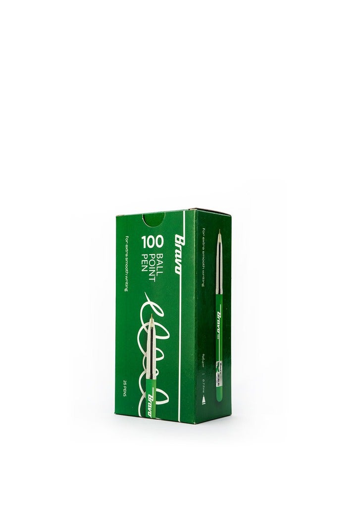 Bravo 100 Ball Point Pen - 0.7mm -  Pack of 25 Pens - Green