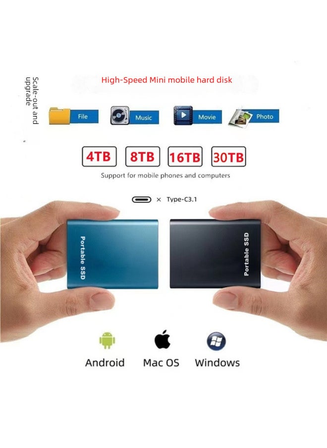 Generic High-speed Mobile SSD USB3.1 High-speed Transmission 4T 8t 16T 30T Hard Disk 2TB-Capacity:2TB-Interface:Silver  - Image 1