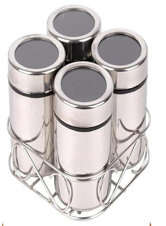 MILTLIFE® Stainless Steel Masala Container Set with Stand | Spice Boxfor Kitchen | Steel Masala Container set | 4 Masala Dani with Lid & 4 Stainless Steel Spoon | Pack Of 4 Pcs, 175ml Each - Image 1