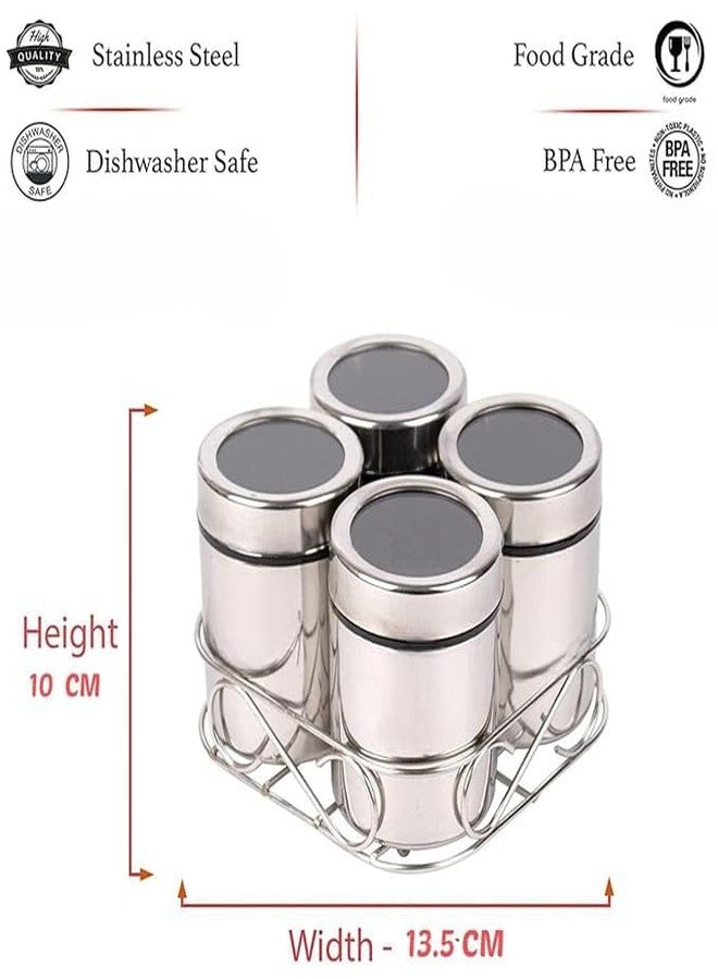 MILTLIFE® Stainless Steel Masala Container Set with Stand | Spice Boxfor Kitchen | Steel Masala Container set | 4 Masala Dani with Lid & 4 Stainless Steel Spoon | Pack Of 4 Pcs, 175ml Each - Image 2
