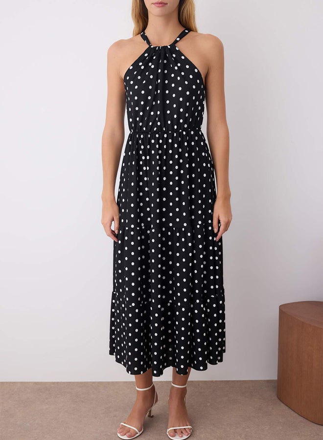 trendyol Black Polka Dot Halter Printed Knitted Dress - Image 3