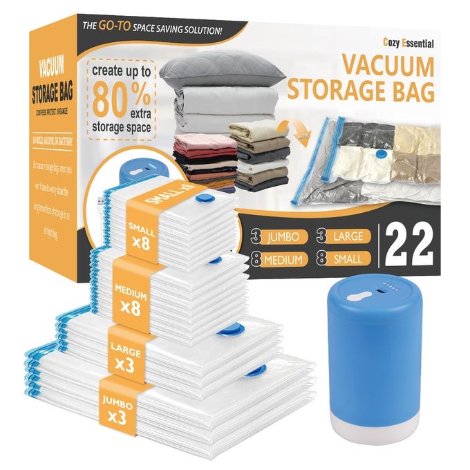 22 PACK VACUUM STORAGE BAGS WITH PORTABLE ELECTRIC PUMP VACUUM SEAL SPACE SAVER BAGS FOR CLOTHING PILLOWS BLANKET BEDDING COMFORTERS