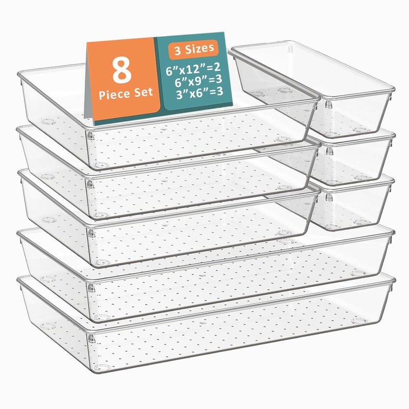 Kuber Industries 8 Pcs Set Multi-Purpose Transparent Drawer Organizers | Plastic Trays for Storage Kitchen & Aesthetic Dressing Table Organisers for Cosmetics, Makeup & Stationery | Transparent - Image 1