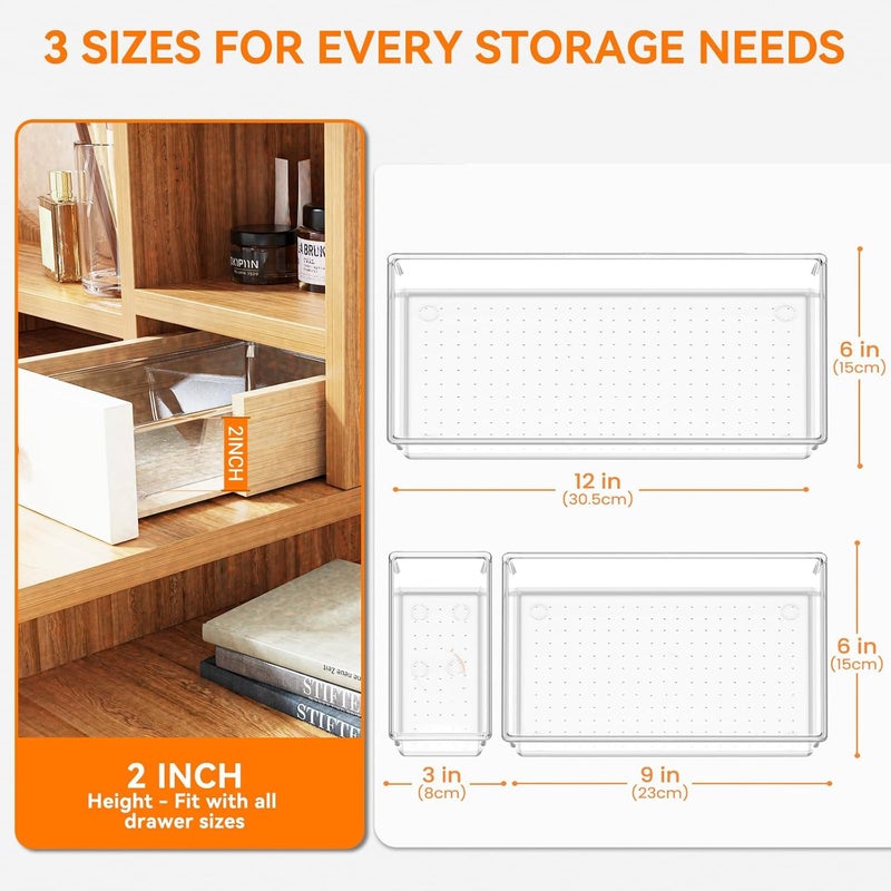 Kuber Industries 8 Pcs Set Multi-Purpose Transparent Drawer Organizers | Plastic Trays for Storage Kitchen & Aesthetic Dressing Table Organisers for Cosmetics, Makeup & Stationery | Transparent - Image 3