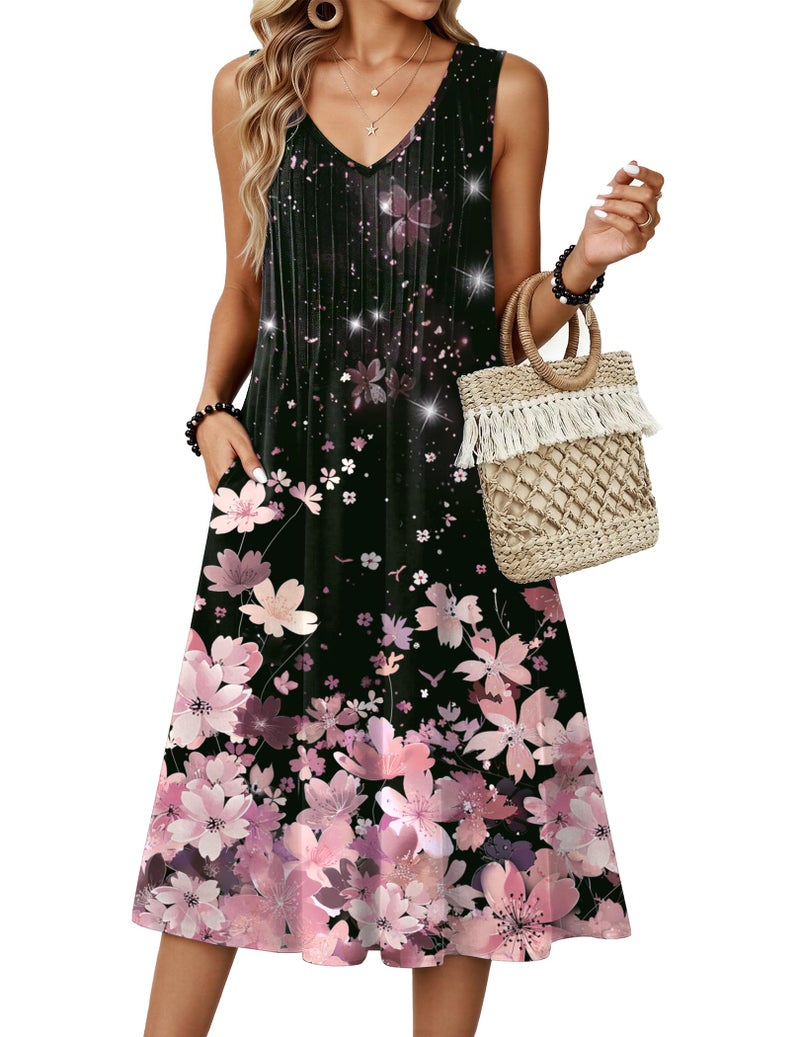 Zeagoo Pink Boho Dresses for Women Summer Dresses V Neck Floral Sleeveless Tank Dress Flowy Midi Tshirt Dress Casual Loose Fit Shift Dress Sun Dresses Vacation Pink Black XL - Image 1