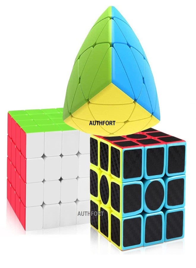 Authfort Speed Cube Cube Set 3 x 3 Carbon Fiber Stickers & 4 X 4, Mastermorphix Stickerless High Speed Cube Combo Pack of 3 (3 Pieces)