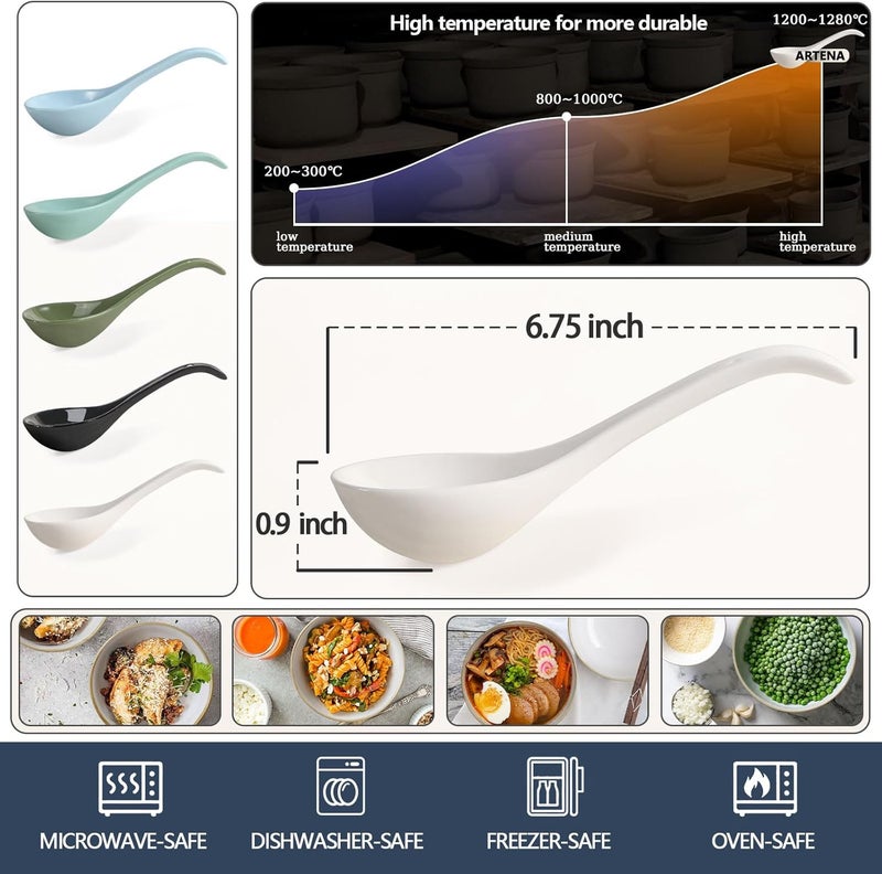 Artena Bright White 6.75 inch Asian Soup Spoons Set of 6, Ultra-fine Porcelain Tablespoon, Chinese/Japanese Kitchen Soup Spoons for Cereal, Ramen Pho - Deep Oval Hook Design - Image 2
