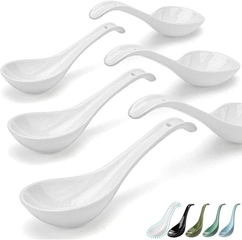 Artena Bright White 6.75 inch Asian Soup Spoons Set of 6, Ultra-fine Porcelain Tablespoon, Chinese/Japanese Kitchen Soup Spoons for Cereal, Ramen Pho - Deep Oval Hook Design - Image 1