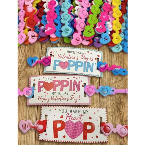 ORIENTAL CHERRY Valentines Day Gifts for Kids 24 Pack Valentines Cards with Heart POP Bracelets Sensory Fidget Toys Valentine for School Classroom Gift Exchange Party Favors Supplies for Toddlers Girls Boys - Image 1