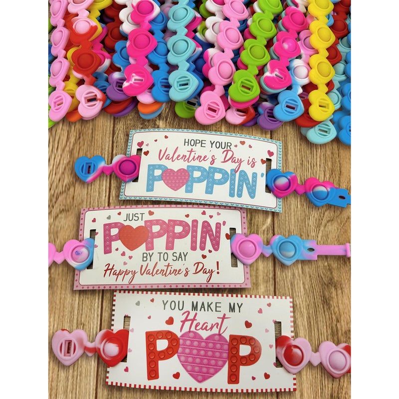 ORIENTAL CHERRY Valentines Day Gifts for Kids 24 Pack Valentines Cards with Heart POP Bracelets Sensory Fidget Toys Valentine for School Classroom Gift Exchange Party Favors Supplies for Toddlers Girls Boys - Image 2
