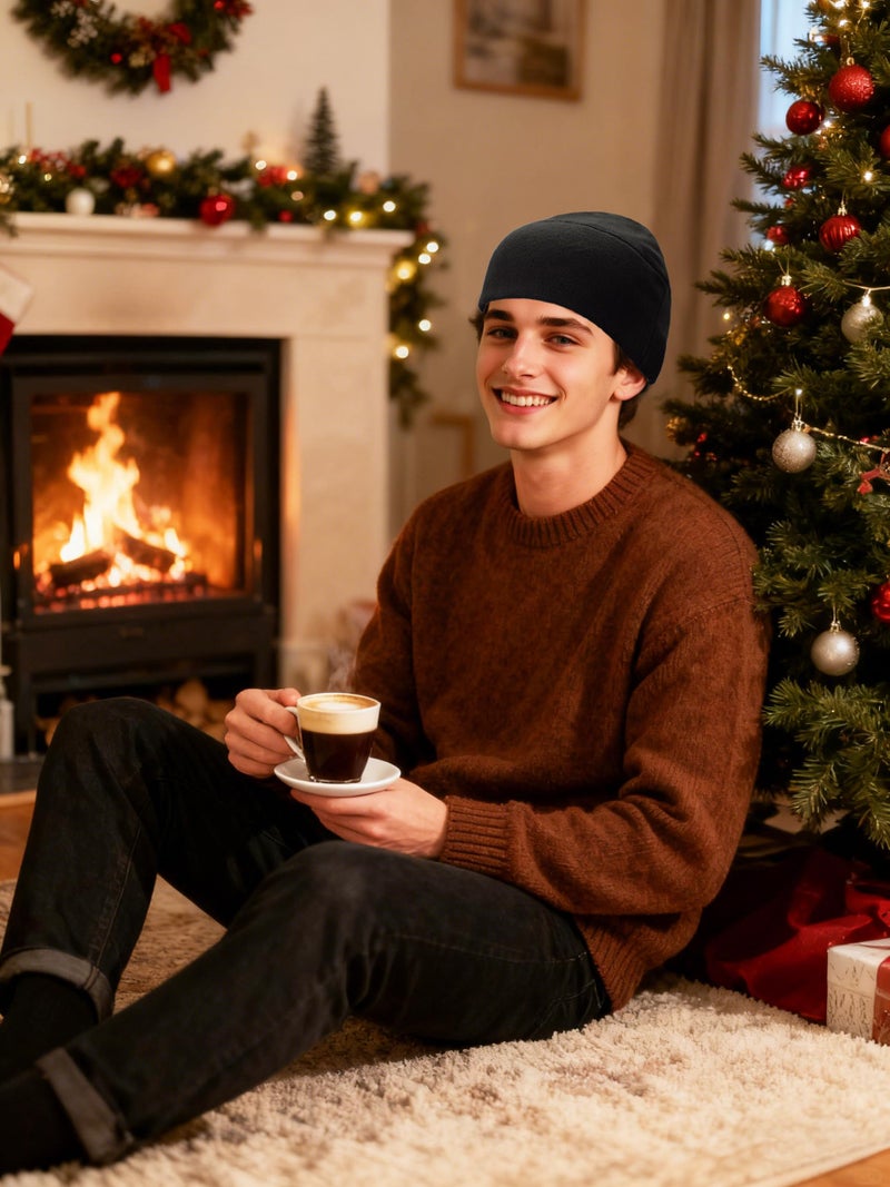 SRLLBBY Winter Fleece Beanie, Wide Double-Layer Brim Warm Skull Cap, Windproof Lightweigh Sleep Hat for Men Women (Black) - Image 2