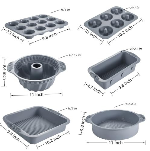 YADASWELL Nonstick Silicone Bakeware Set, 6 set Baking Cake Pan, Economical BPA Free Heat Resistant Bakeware Tools for DIY Loaf Bread Cheesecake Pizza Cupcake Muffin (Gray) - Image 2