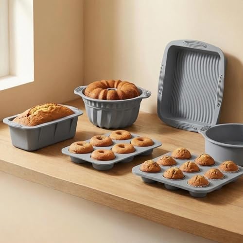 YADASWELL Nonstick Silicone Bakeware Set, 6 set Baking Cake Pan, Economical BPA Free Heat Resistant Bakeware Tools for DIY Loaf Bread Cheesecake Pizza Cupcake Muffin (Gray) - Image 3