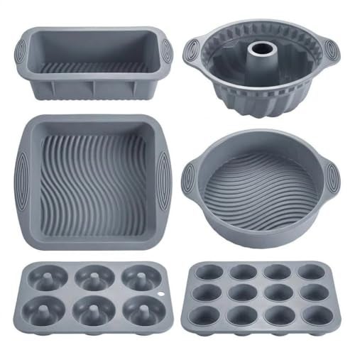 YADASWELL Nonstick Silicone Bakeware Set, 6 set Baking Cake Pan, Economical BPA Free Heat Resistant Bakeware Tools for DIY Loaf Bread Cheesecake Pizza Cupcake Muffin (Gray) - Image 1