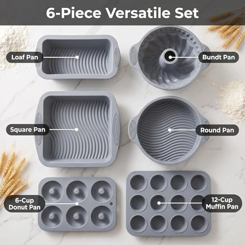 YADASWELL Nonstick Silicone Bakeware Set, 6 set Baking Cake Pan, Economical BPA Free Heat Resistant Bakeware Tools for DIY Loaf Bread Cheesecake Pizza Cupcake Muffin (Gray) - Image 4