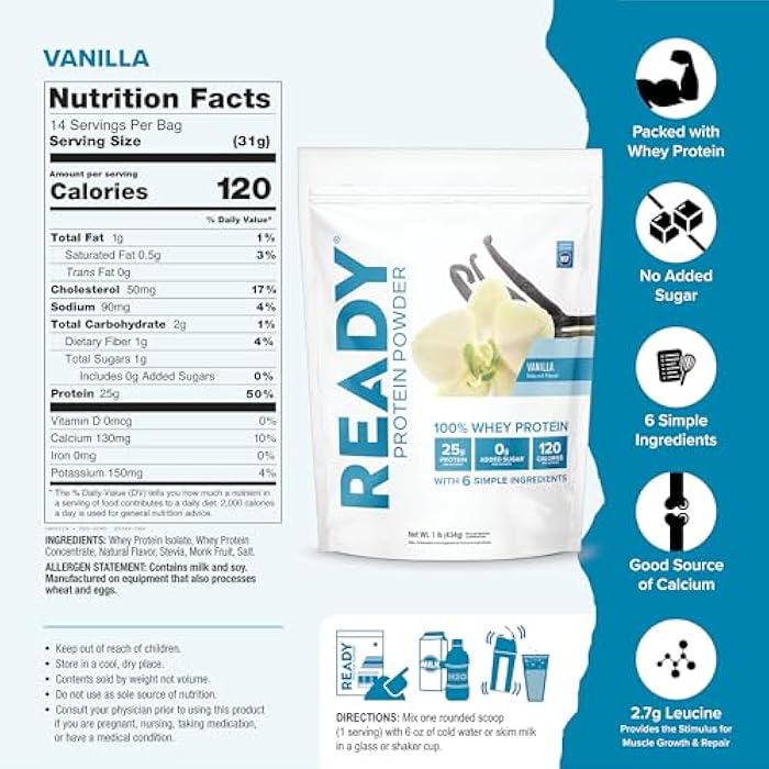 Ready® Protein Powder – 25g Whey Protein, 120 Calories, 0g Added Sugar – 7 Simple Ingredients – No Artificial Additives – Gluten-Free, Clean & Natural – Vanilla (1 Pound Bag) - Image 3
