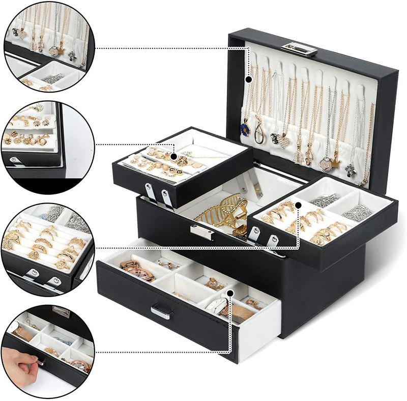 Sagrach PU Leather Jewelry Storage Display Case for Drawer Dresser | Jewellery Holder Trays for Earring Ring Necklace Watch (1Pc, 22.5cm x 14.2cm x 14.2cm, Black) - Image 4