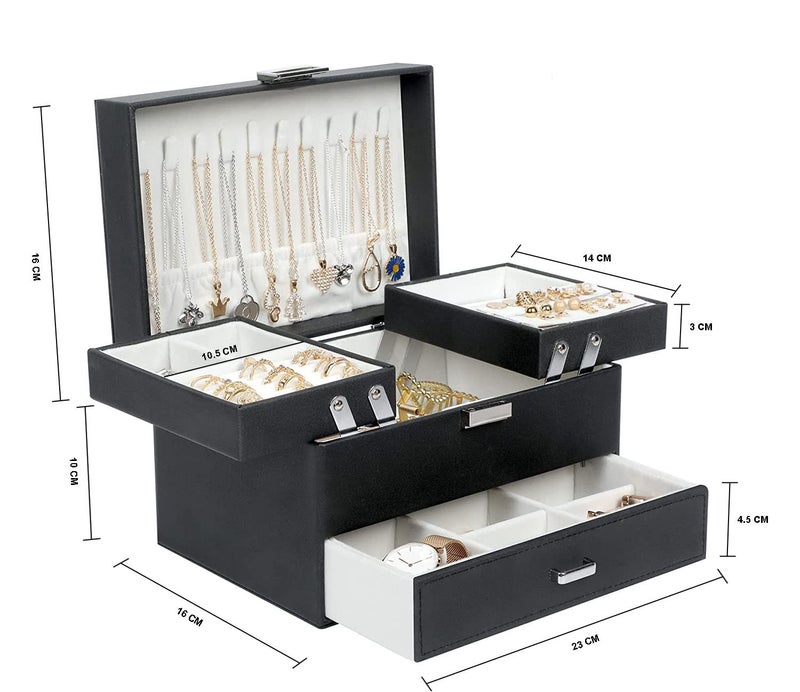 Sagrach PU Leather Jewelry Storage Display Case for Drawer Dresser | Jewellery Holder Trays for Earring Ring Necklace Watch (1Pc, 22.5cm x 14.2cm x 14.2cm, Black) - Image 3