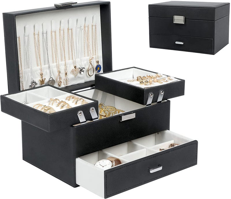 Sagrach PU Leather Jewelry Storage Display Case for Drawer Dresser | Jewellery Holder Trays for Earring Ring Necklace Watch (1Pc, 22.5cm x 14.2cm x 14.2cm, Black) - Image 1