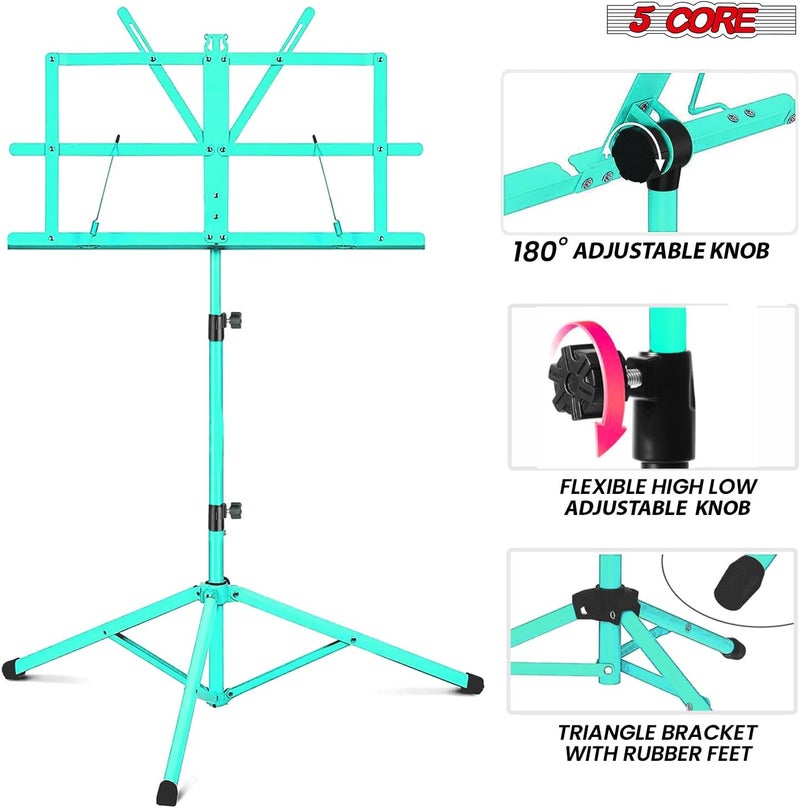 5 Core Music Stand Height Adjustable 57" Desktop Book Stands Portable Sheet Holder All Metal Bookstand Foldable Atril Para Partituras w Carrying Bag & Clip Green - MUS FLD GR - Image 3