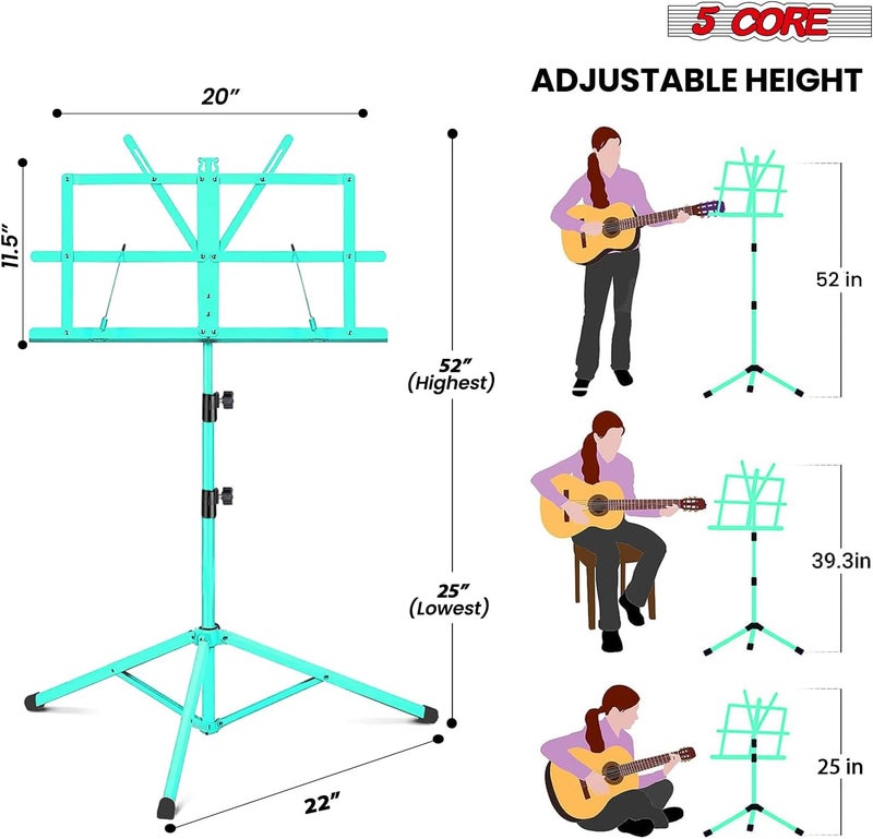 5 Core Music Stand Height Adjustable 57" Desktop Book Stands Portable Sheet Holder All Metal Bookstand Foldable Atril Para Partituras w Carrying Bag & Clip Green - MUS FLD GR - Image 2