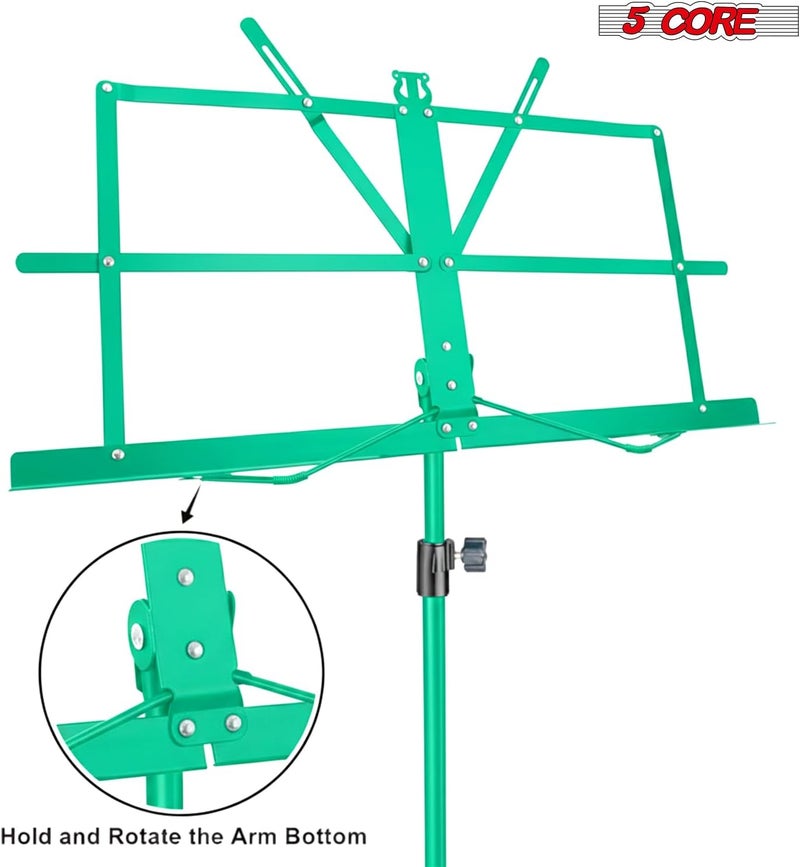 5 Core Music Stand Height Adjustable 57" Desktop Book Stands Portable Sheet Holder All Metal Bookstand Foldable Atril Para Partituras w Carrying Bag & Clip Green - MUS FLD GR - Image 5