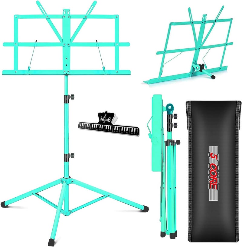 5 Core Music Stand Height Adjustable 57" Desktop Book Stands Portable Sheet Holder All Metal Bookstand Foldable Atril Para Partituras w Carrying Bag & Clip Green - MUS FLD GR - Image 1