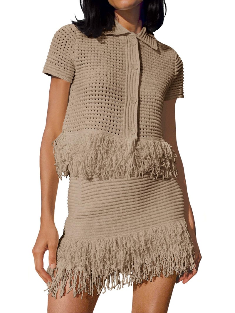 Fisoew Womens 2 Piece Crochet Outfits Short Sleeve Button Knit Sweater Tops Fringe Skirt Summer Vacation Sets Beach Cover Ups Khaki - Image 1
