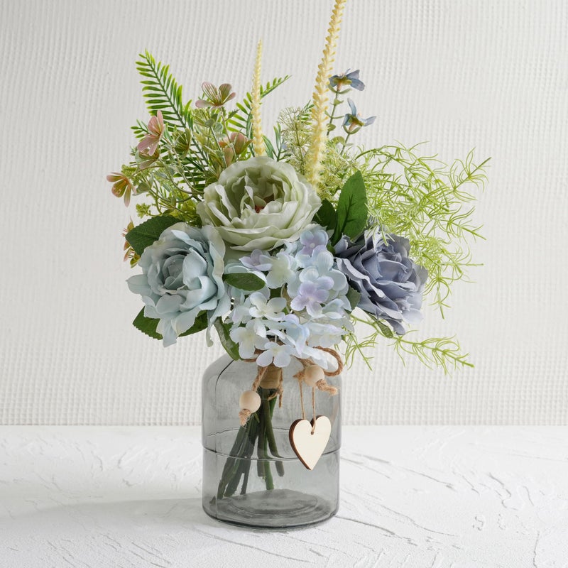 LUEUR Artificial Hydrangea in Vase for Home Decor, Fake Silk Pink Flower Bouquet Artificial Flowers with Pot, Faux Dahlia Arrangement for Fall Spring Living Room, Centerpiece Table Decorations - Image 1