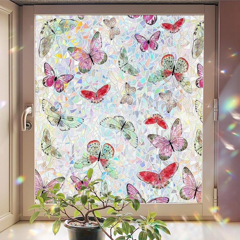 ADD.HERES Window Privacy Film,Colorful Floral Window Stickers,Removable DIY Bouquet Static Clings, Decals for Home School Office Party Supplies,‌ Laser Butterfly，17.5 x 78.7 in - Image 1