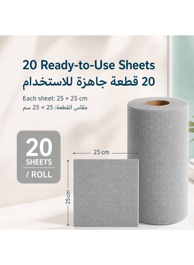 20-Piece Tear-Off Kitchen Cleaning Cloth Roll, 25 x 25 cm, Polyester Cotton Reusable Dish Towels, Absorbent Multipurpose Wipes for Dishes, Countertops and Home Cleaning - Image 2