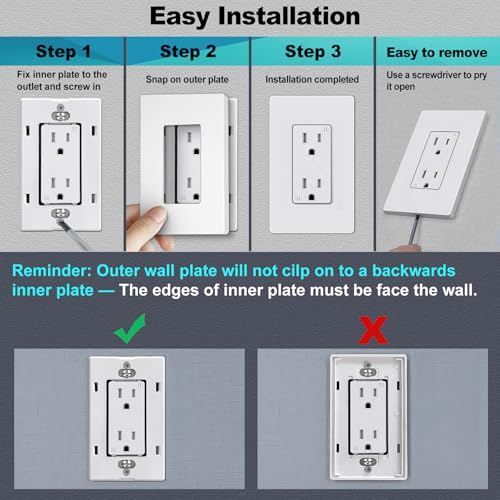 CML Hardware CML Decorator Screwless Wall Plate, 1-Gang Receptacle Outlet Cover, 8 Pack Hidden Screw Smooth Face Switch Plates, Standard Size 2.91"x4.68", UL Listed, White - Image 4