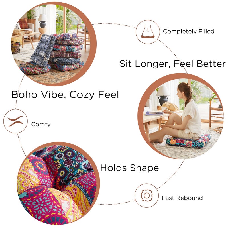 Codi Floor Cushions Seating for Adults and Kids Set of 2, Square Large Boho Pillows for Yoga Living Room Tatami Sitting Home Decor, Memory Foam Added, 22x22 Inch Multi Patchwork - Image 3