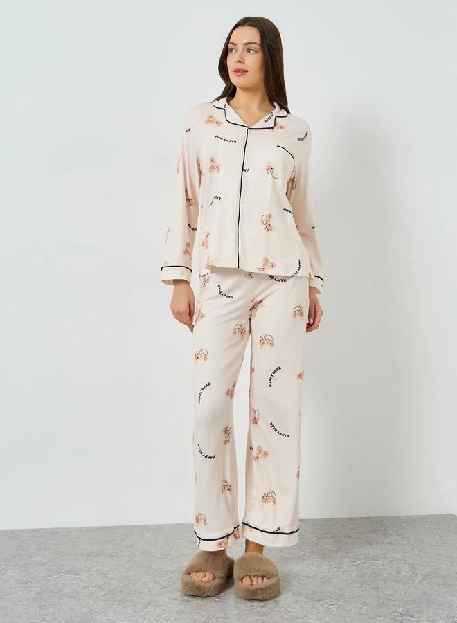 Styli Teddy Print Buttoned Shirt and Pyjama Set