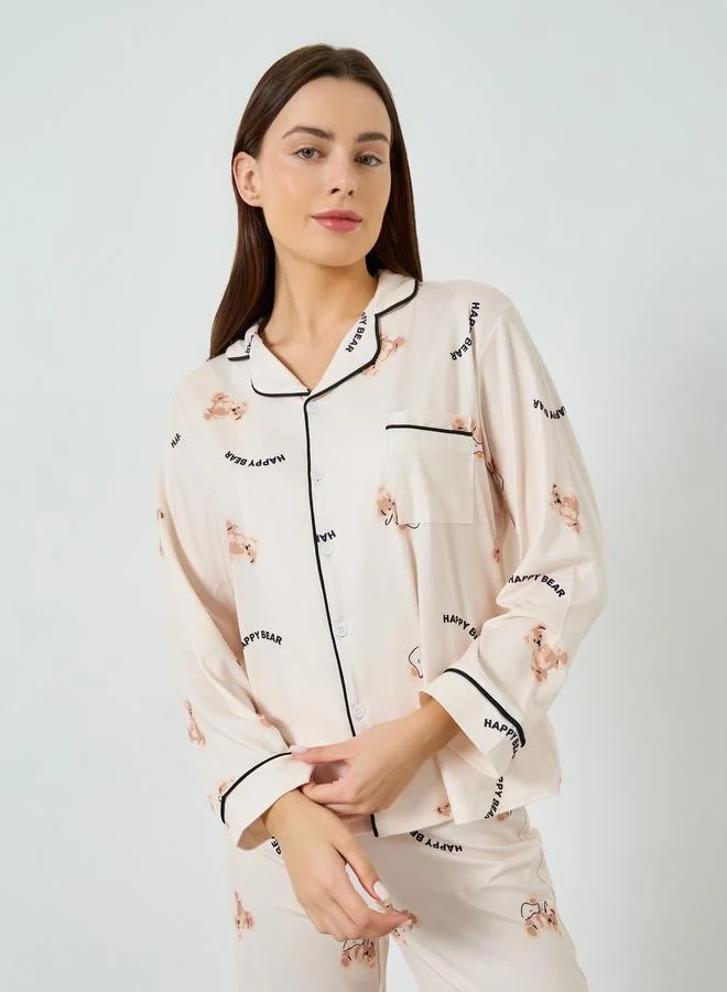Styli Teddy Print Buttoned Shirt and Pyjama Set