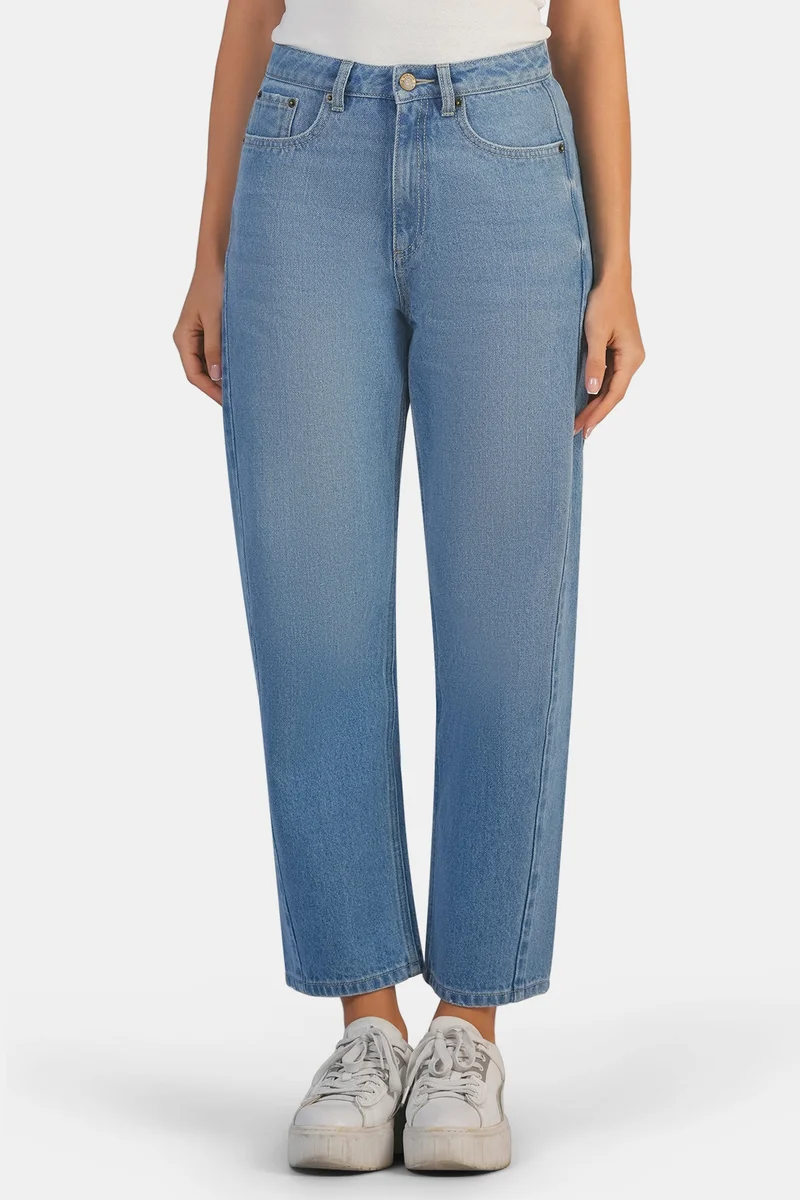 Virgio Solid Cotton Denim Barrel Fit Pants for Women