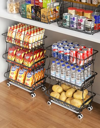 OKZEST 3Tier Rolling Pantry Floor Organizers and Storage Cart with Wheels Stackable Wire Pantry Baskets for Pantry Shelves Kitchen Fruit Basket Stand and Storage Rack for Fruit Snack Onion Potato