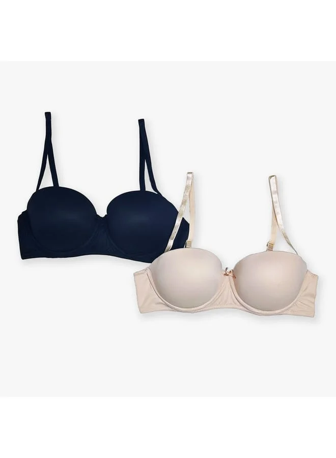 Aadaraya Set of 2 - Aadaraya Solid Balconette Bra with Hook and Eye Closure