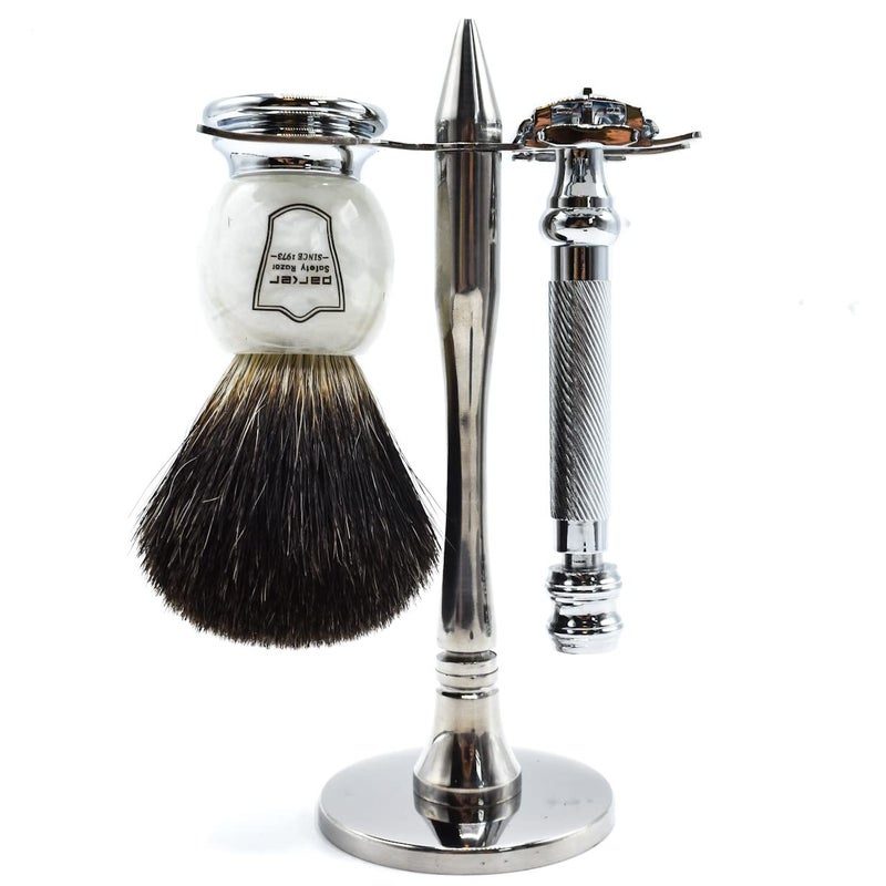 Parker Safety Razor Parker 99R Shave Set - Includes Parker 99R Double Edge Butterfly Safety Razor, Black Badger Brush, Stainless Steel Shave Stand & 5 Blades