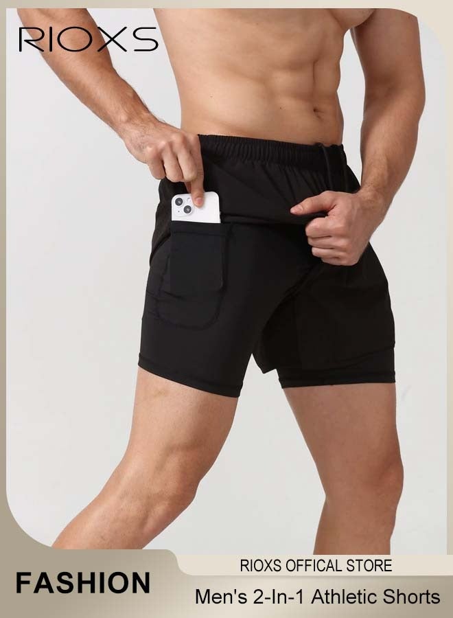 Men's 2-In-1 Athletic Running Shorts, Lightweight Sportwear Quick-Drying Shorts, Fitness Stretch Sports Shorts with Pocket, No Fading, No Deformation