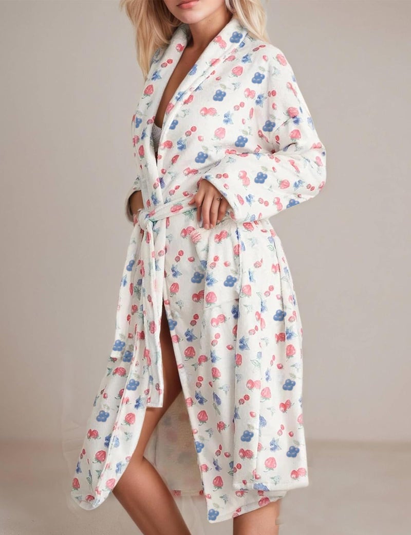 TIKITIDES Robes for Women Cute Robes Spring Summer Robe Fleece Bathrobes Women Robe Soft Plush Fruit Floral Print Lightweight Fuzzy Lounge Bathrobe - Image 3