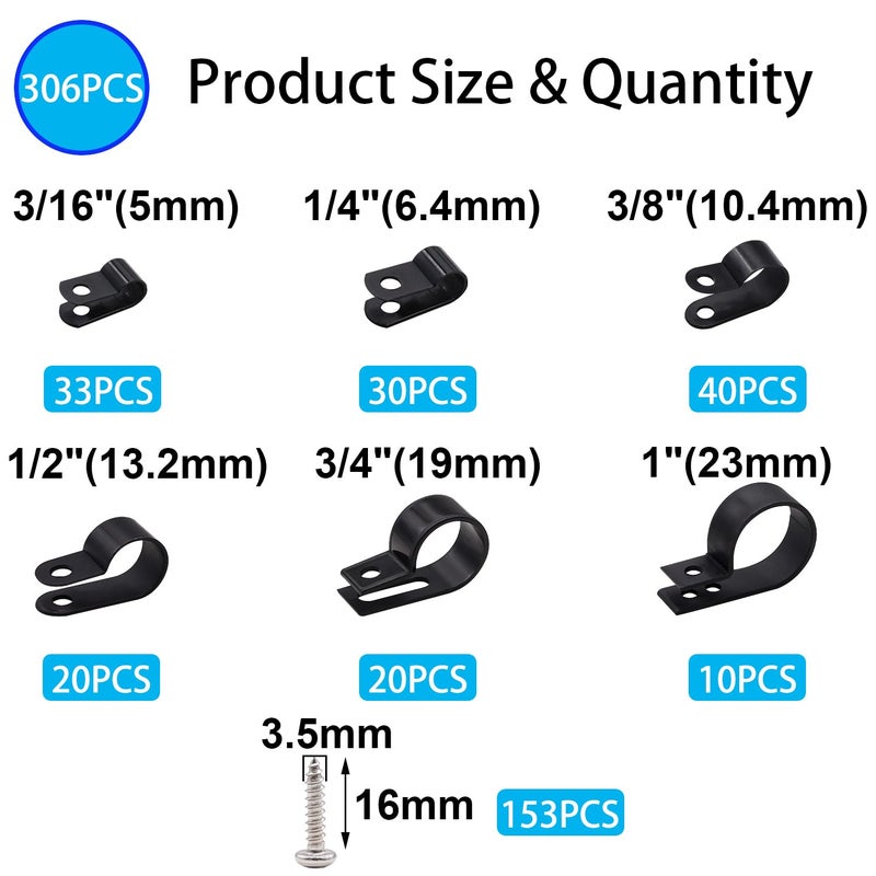 TWTADE 306PCS Black Cable Clamps Nylon Plastic R-Type 6 Sizes 3/16'' 1/4'' 3/8'' 1/2'' 3/4'' 1'' Cable Mounting Wire Clips Assortment Kit with Screws for Wire Management H-049 - Image 2