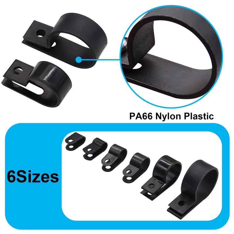 TWTADE 306PCS Black Cable Clamps Nylon Plastic R-Type 6 Sizes 3/16'' 1/4'' 3/8'' 1/2'' 3/4'' 1'' Cable Mounting Wire Clips Assortment Kit with Screws for Wire Management H-049 - Image 3