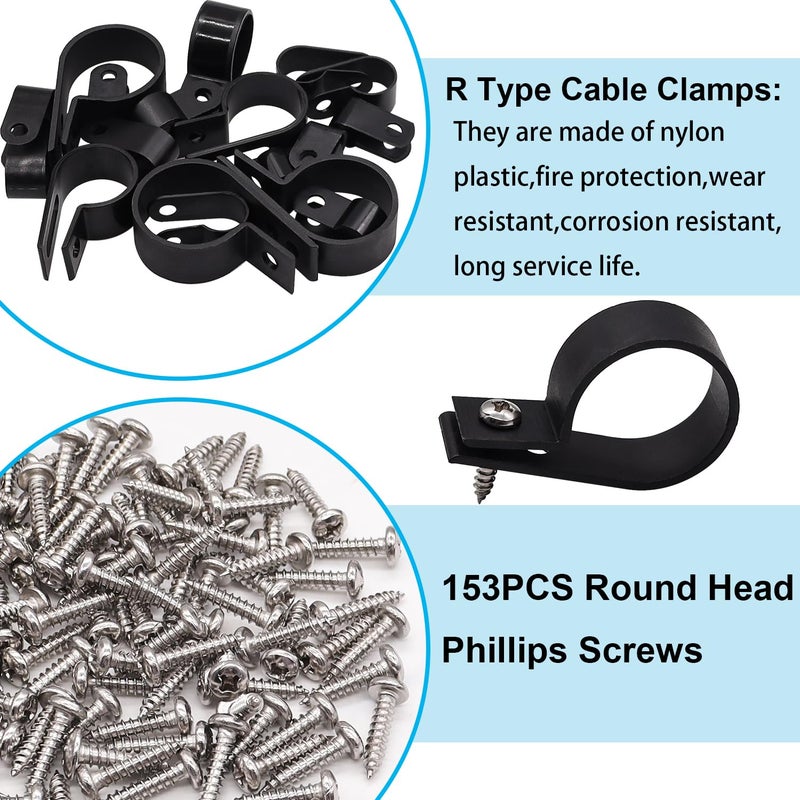 TWTADE 306PCS Black Cable Clamps Nylon Plastic R-Type 6 Sizes 3/16'' 1/4'' 3/8'' 1/2'' 3/4'' 1'' Cable Mounting Wire Clips Assortment Kit with Screws for Wire Management H-049 - Image 4