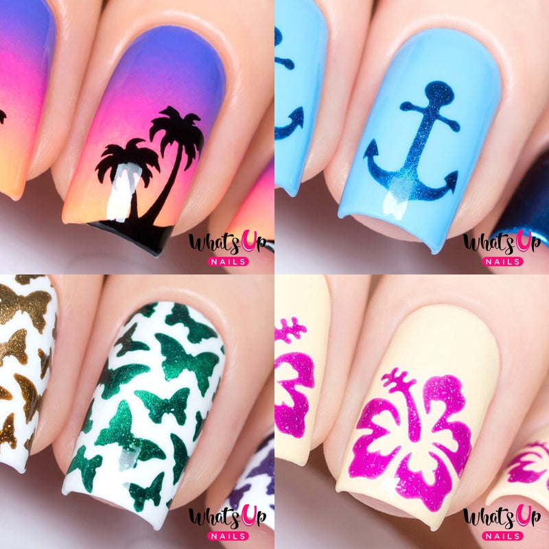 Whats Up Nails - Nail Vinyl Stencils Variety Pack 4pcs (Anchor, Palm, Hibiscus, Butterflies) for Nail Art Design - Image 1