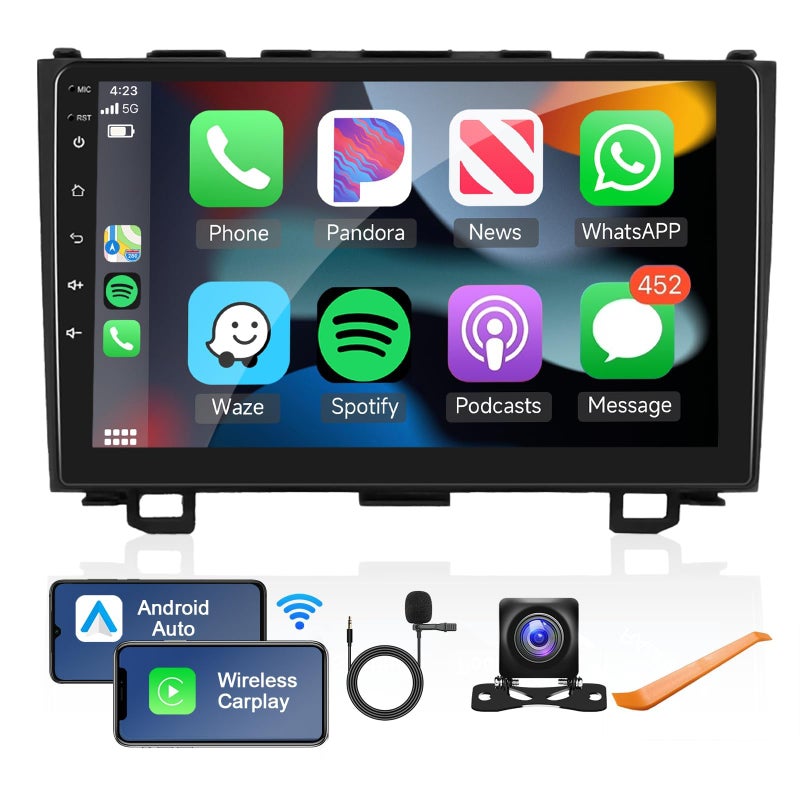 Podofo 2G+64G Android Car Stereo for Honda CRV 2007-2011 with Wireless Carplay/Android Auto with WiFi GPS Navigation, 9" Touchscreen Bluetooth Car Radio Support USB FM/RDS EQ HD Backup - Image 1